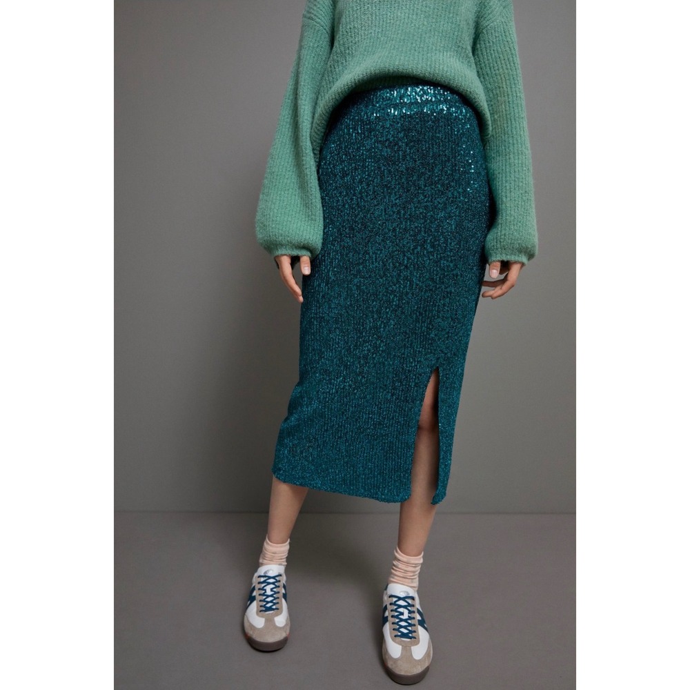 Anthropologie Maeve Alicia Sequined Midi Skirt Teal Green Size L